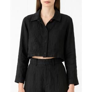 VTG Yves Cossette Saks Fifth Avenue Crop Linen Button Up Top Small Black Minimal